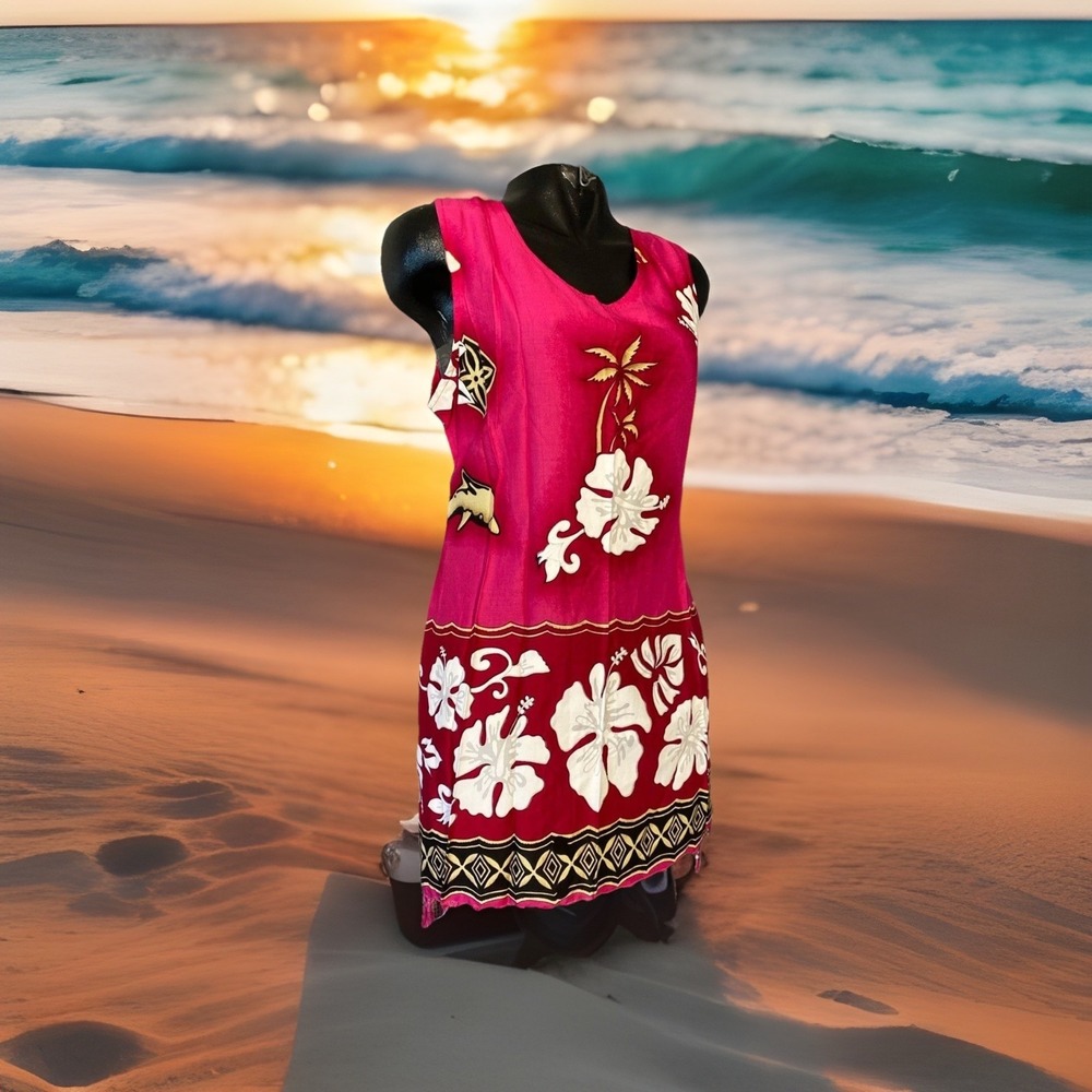 Tropical World Sleeveless Dress Women's XL Pink Dolphins Palm Trees Tassels NWT